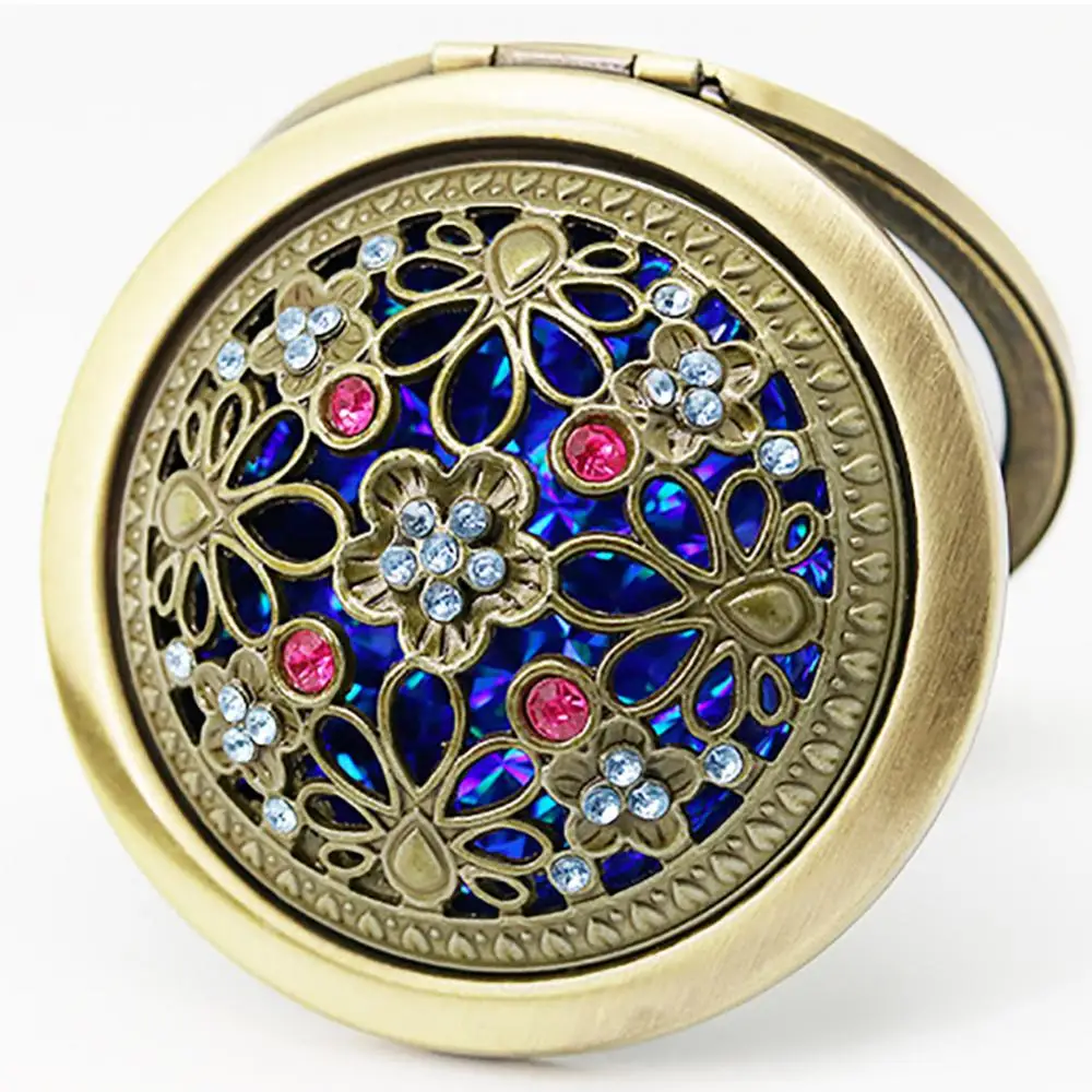 Металлическое портативное карманное мини-зеркало бронзового цвета с цветами и