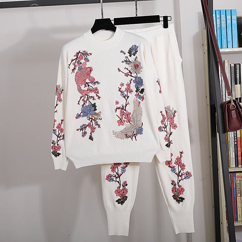 

Heavy Work Flower Embroidery Knit Tracksuit Set Women Long Sleeves White Knitted Pullover Sweater Pencil Pants Outfits Female