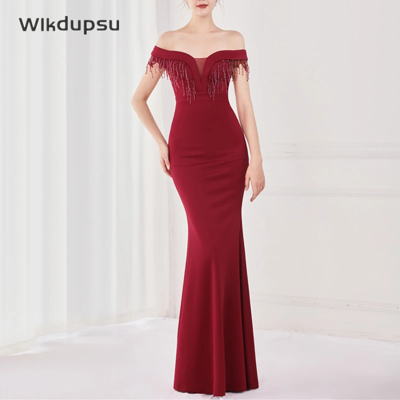 Women Off Shoulder Long Dress Sexy Mermaid Slash Neck Tassel Skinny Prom Evening Fashion Plus Size Lace Elegant Party Maxi Dress