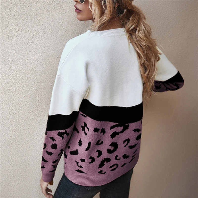 

Knitted Ladies Sweater Fashion Leopard Patchwork Autumn Winter O Neck Long Sleeve Sweater Casual Female Pullovers