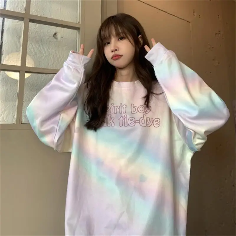 

Повседневная Свободная Толстовка с радужными буквами, женские корейские женские свитшоты в японском стиле Харадзюку ольччан, винтажная одежда для женщин