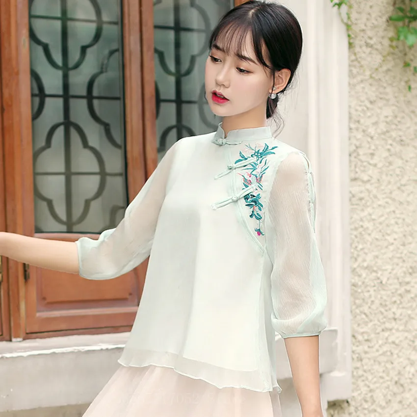 2021 женский кружевной шифоновый топ с вышивкой Винтажная летняя блузка Hanfu