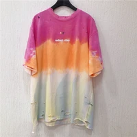 2021 summer new style tie dye gradient holeloose short sleeved t shirt womens mid lengthfashion loose personality top xl cotton