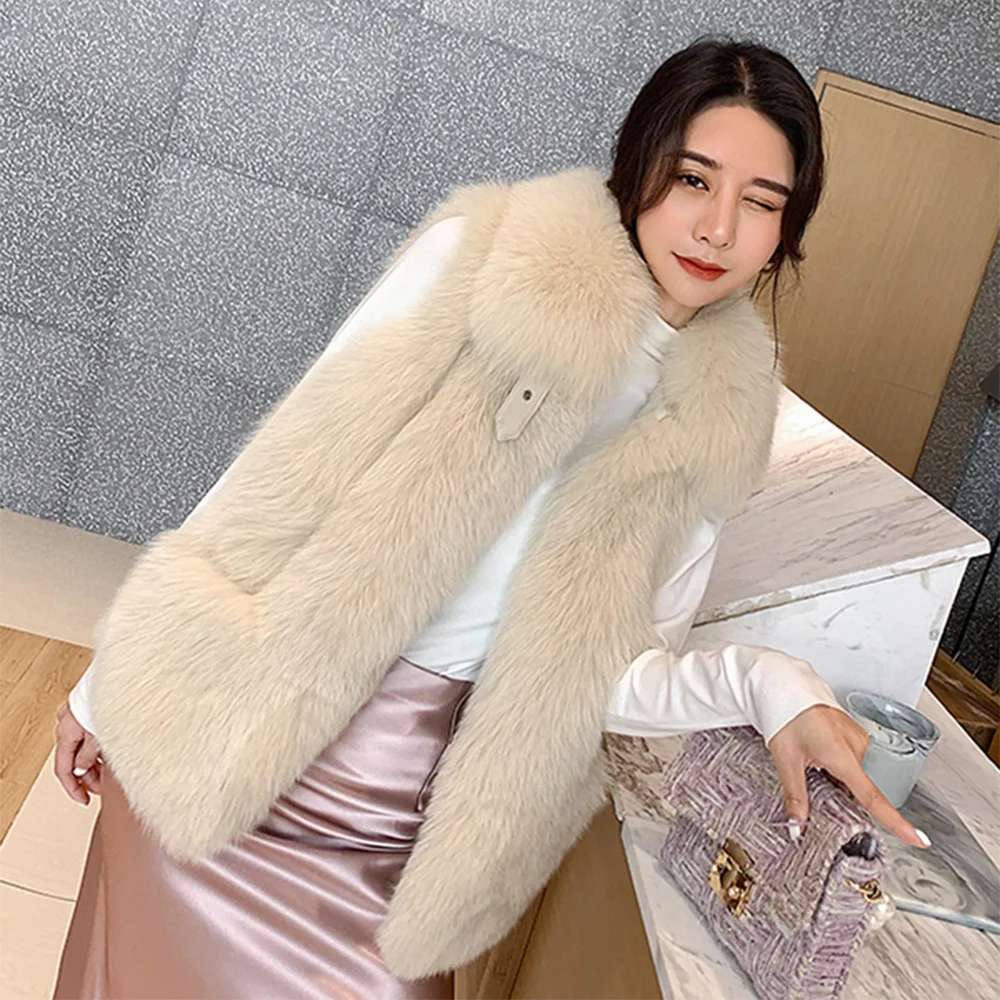 TOPFUR Natural Real Fox Fur Vest Women Turn Down Collar Winter Coat Luxury Striped Fur Coats With Pockets Warm Female Jacket