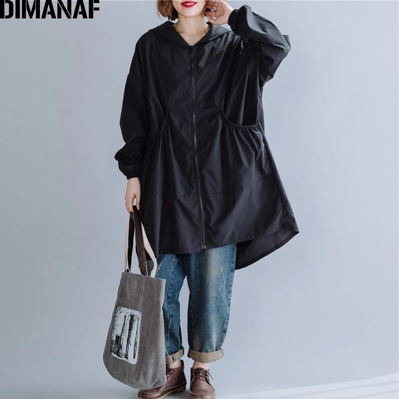 

DIMANAF Autumn Oversize Women Jacket Coat Zipper Spliced Ruffles Female Outerwear Loose Casual Long Sleeve Lady Clothing Black