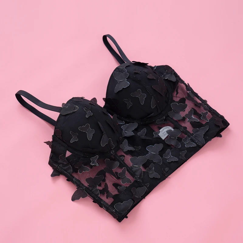 

2021 New Mesh Camisole Top Female 3D Butterfly Decoration Perspective Fishbone Shapewear Underwear Sexy Gathering Bra Y911