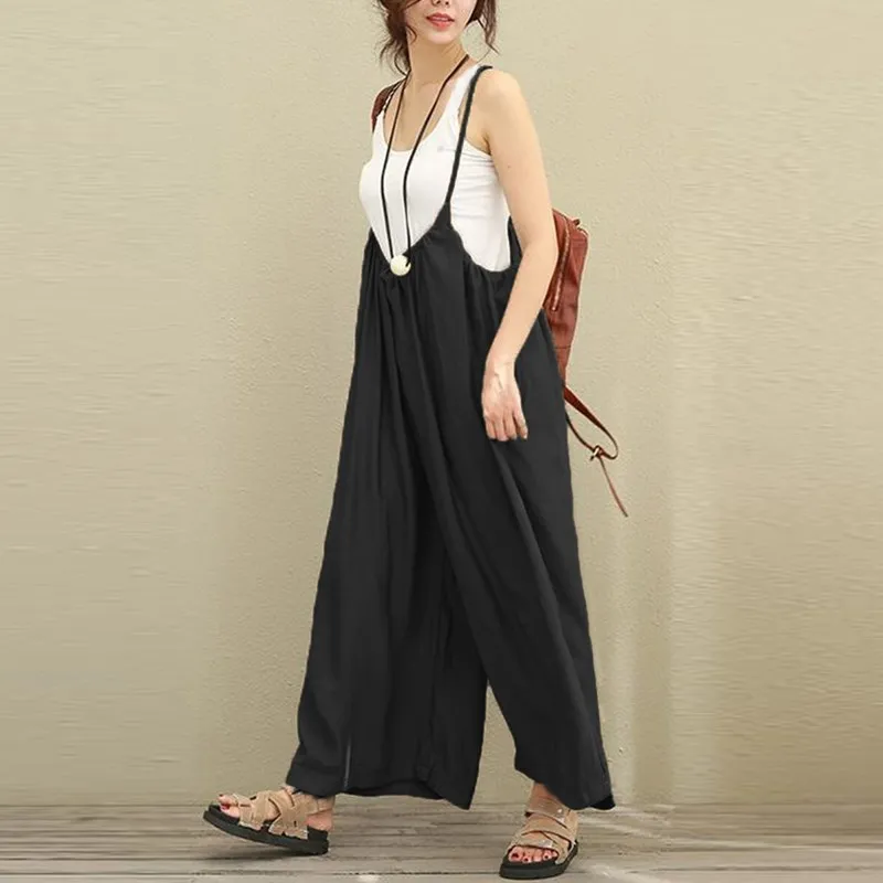 

2019 Women Overalls Wide Leg Pants Vocation Dungarees Casual Cotton Linen Jumpsuits Long Trousers Plus Size S-5XL Rompers