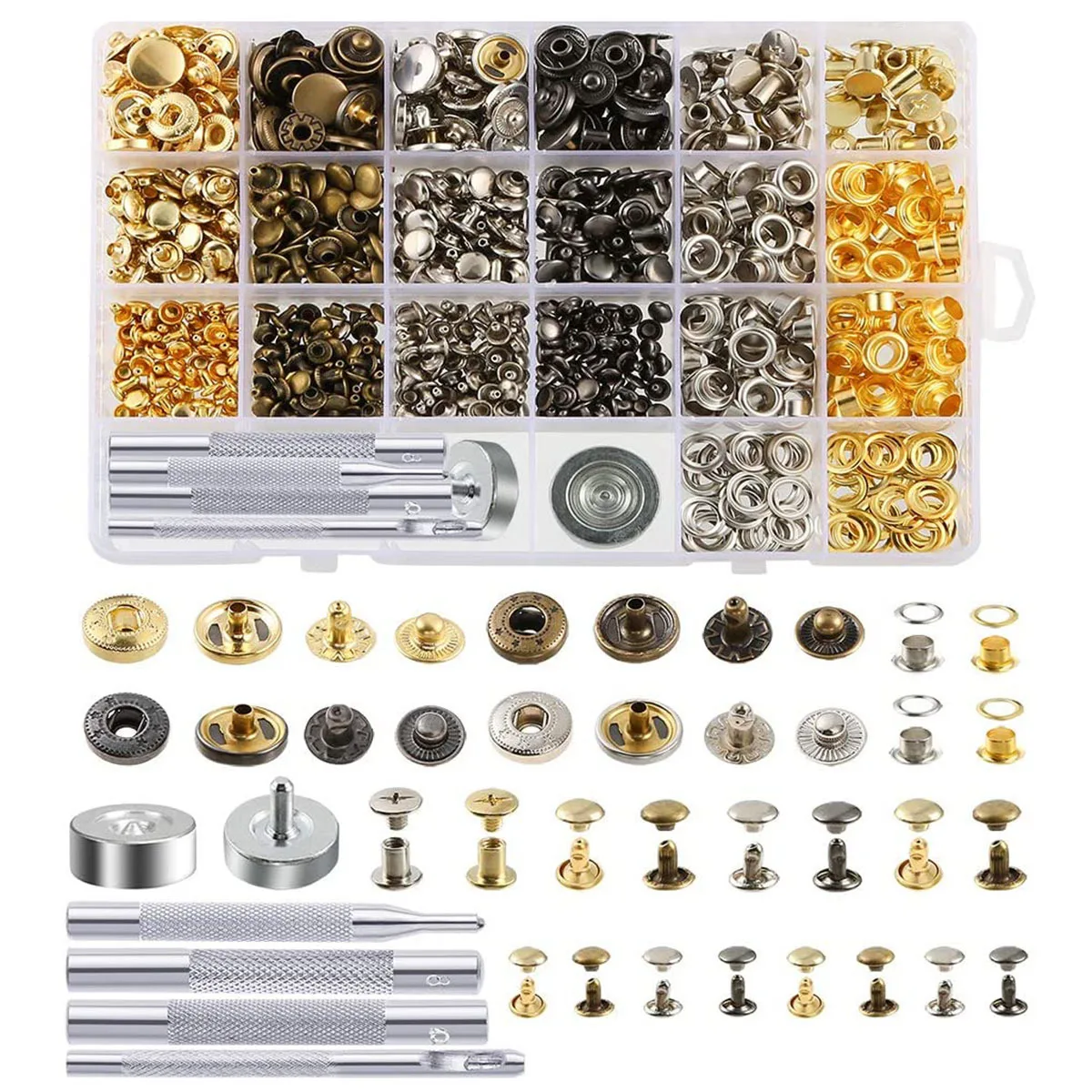 

220/400sets Metal brass Press Studs Sewing Button Snap Fasteners Kit Sewing Leather rivet eyelet Craft Clothes Bags Fixing Tools