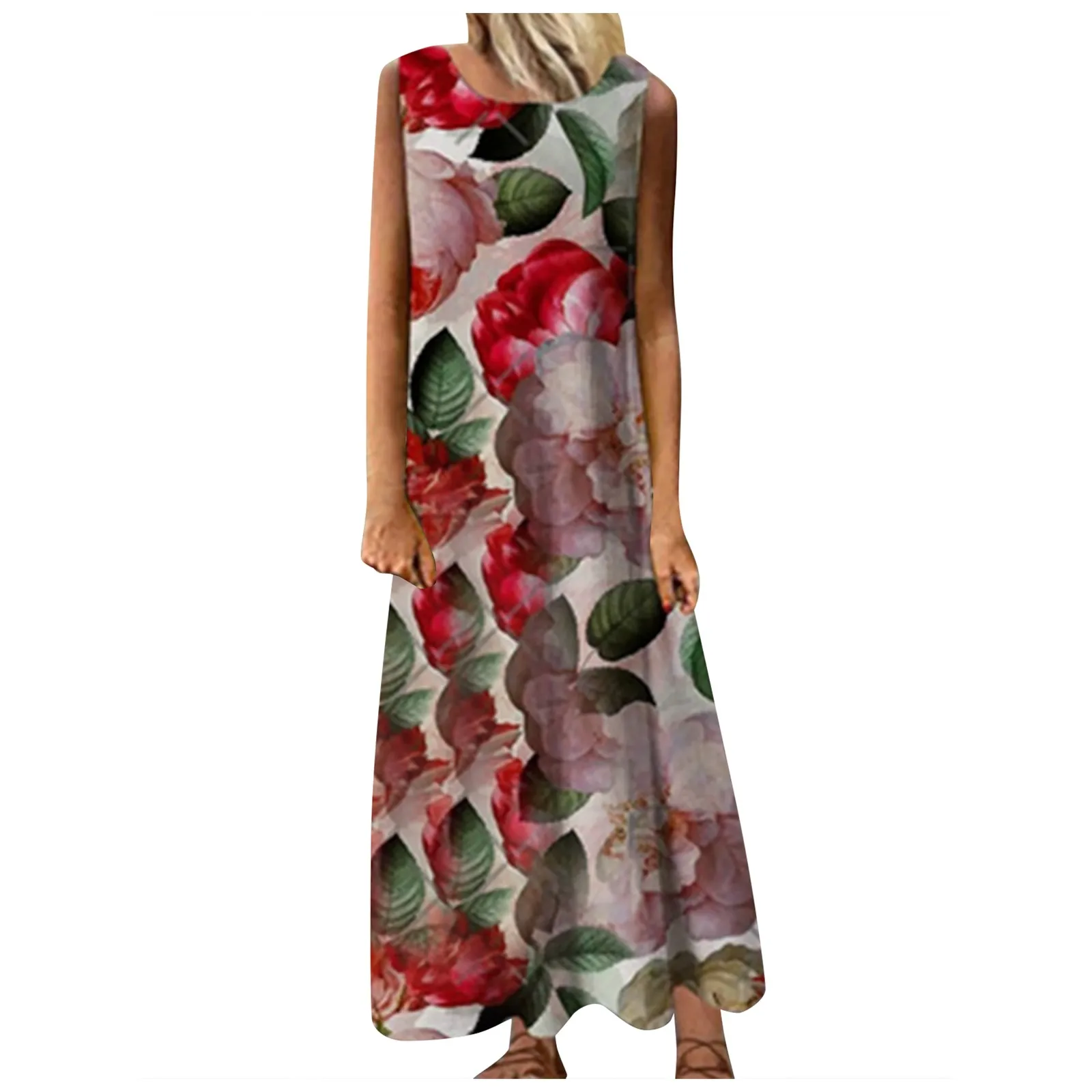 

Women's Summer Beach Dress Floral Pattern Printing Round Neck Sleeveless Stitching Home Casual Dress Boho Style