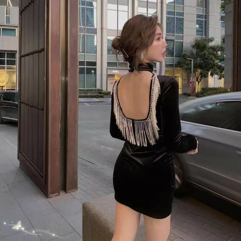 

Stand Neck Black Mini Sexy Night Club Woman Dress Tassel Backless Birthday Party Cloth
