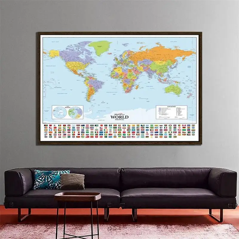 

150x100cm The World Political Map with National Flags Desk Decor Map World for Culture and Travel Office Decor Wall Sticker