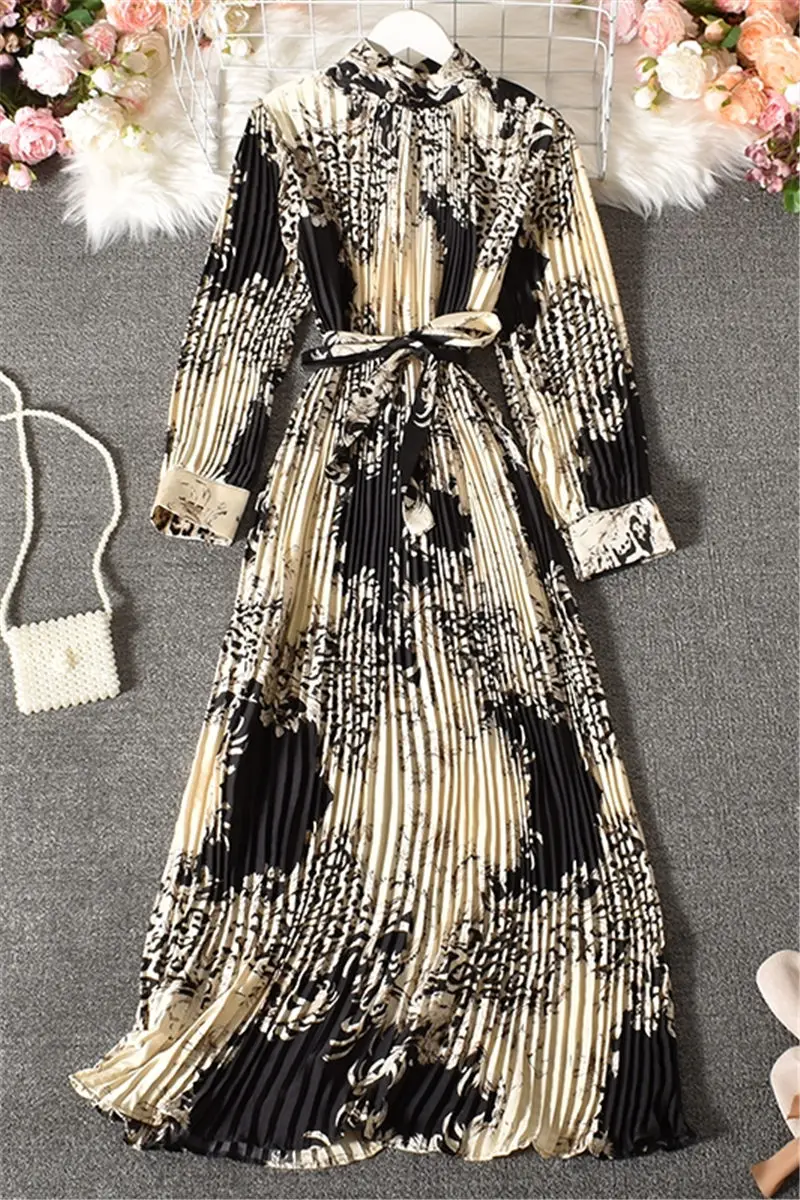 

Vintage Long Dress Popular Full Sleeve 2021 Spring Fall New Loose A-Line Printed Leopard Pleated Women Dress Elegant Robe y1470