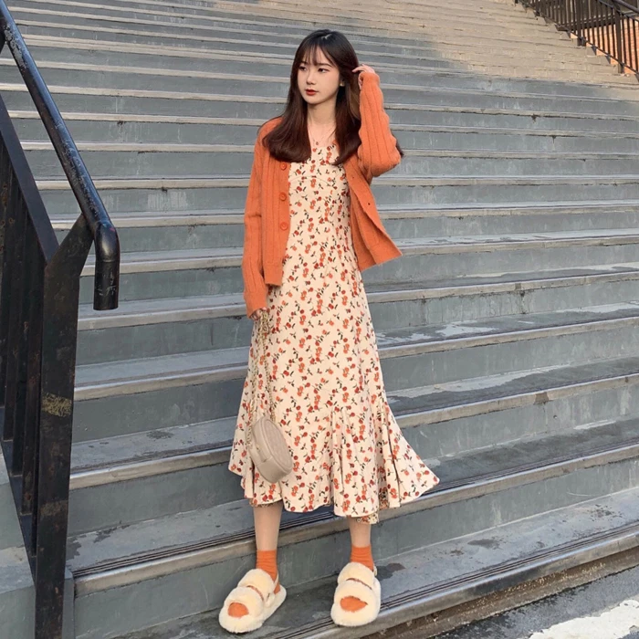 

2020 Autumn and Winter New Style Inner Wear Base Floral Dungaree Dress Western Style Youthful-Looking Fairy Girl Mori Style