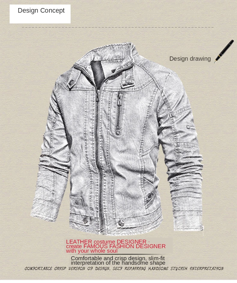 

2020 Autumn Winter Men's New Motorcycle Leather Jacket Lining with Velvet Stand Collar Faded leisure Artificial Leather Coat