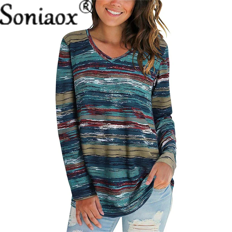 

2021 Autumn Street Hipster Fashion Long-Sleeved T-Shirt Vintage Tie Dye Printed V-Neck Casual Loose T-Shirt Top Women's Clothing