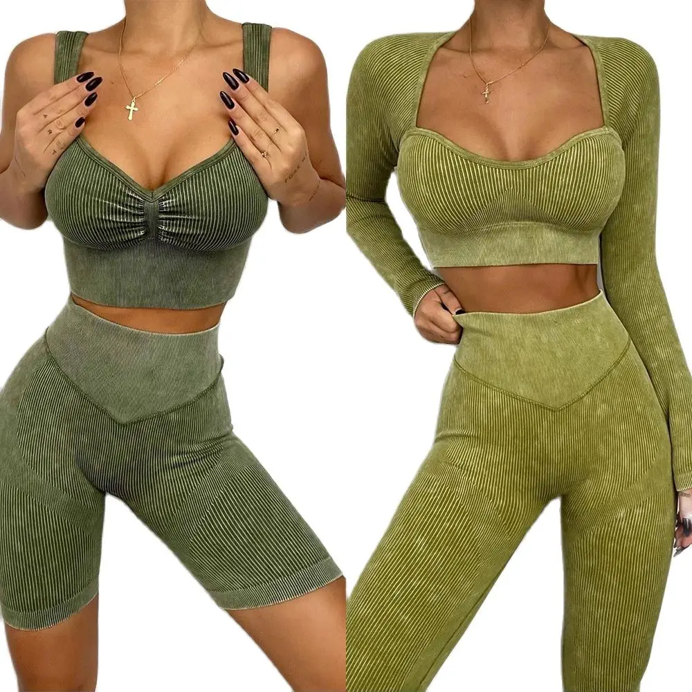 

2022 Seamless Yoga Set Woman Sports Set Gym Clothing 2PCS Ribbing Fitness Bra Long Sleeve Leggings Gym Workout Set Woman Suit