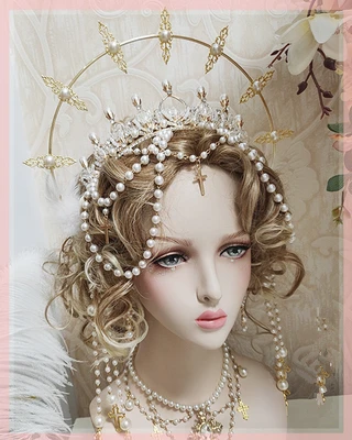 

Vintage Gothic Lolita Court Crown Aperture Elegant Princess Queen Goddess Cosplay Costume Accessory Wedding Bride Pearl Girl