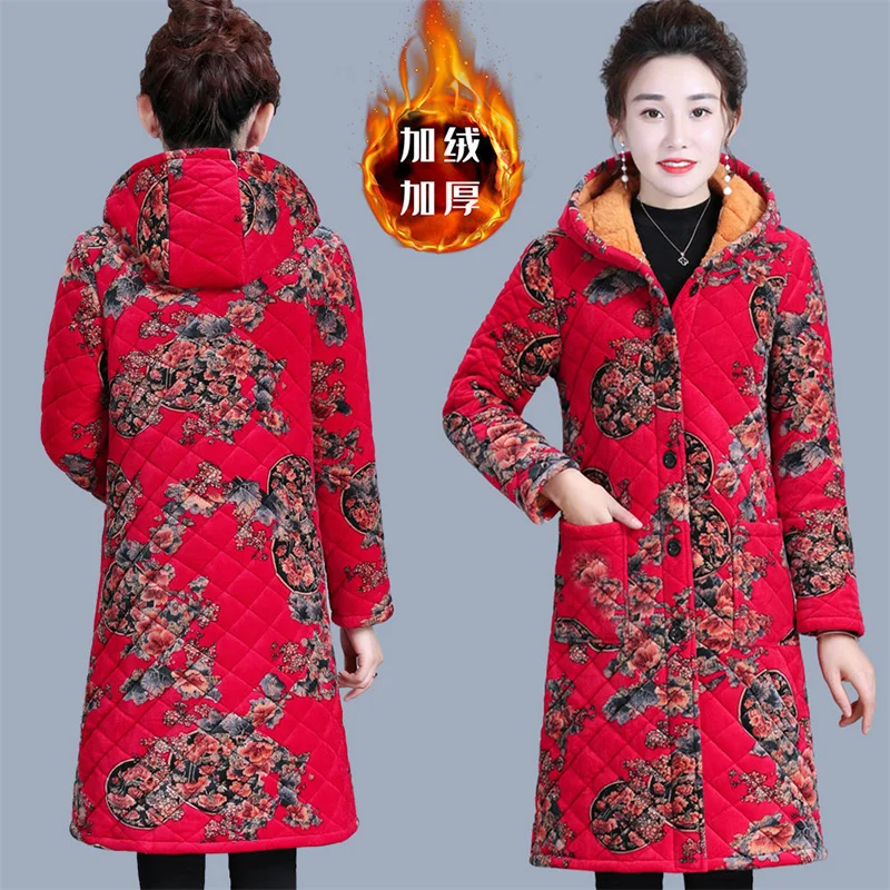 Middle-aged Old Women Slim Hooded Padded Coat Mother Wear Autumn Winter Velvet Coat Mid-length Loose Cotton-padded Jacket A725 enlarge