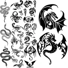 Tatuajes temporales de dragón negro para hombres y mujeres, pegatina realista de escorpión, serpiente, tatuaje falso, cuerpo, brazo, transferencia de agua, tatuajes DIY