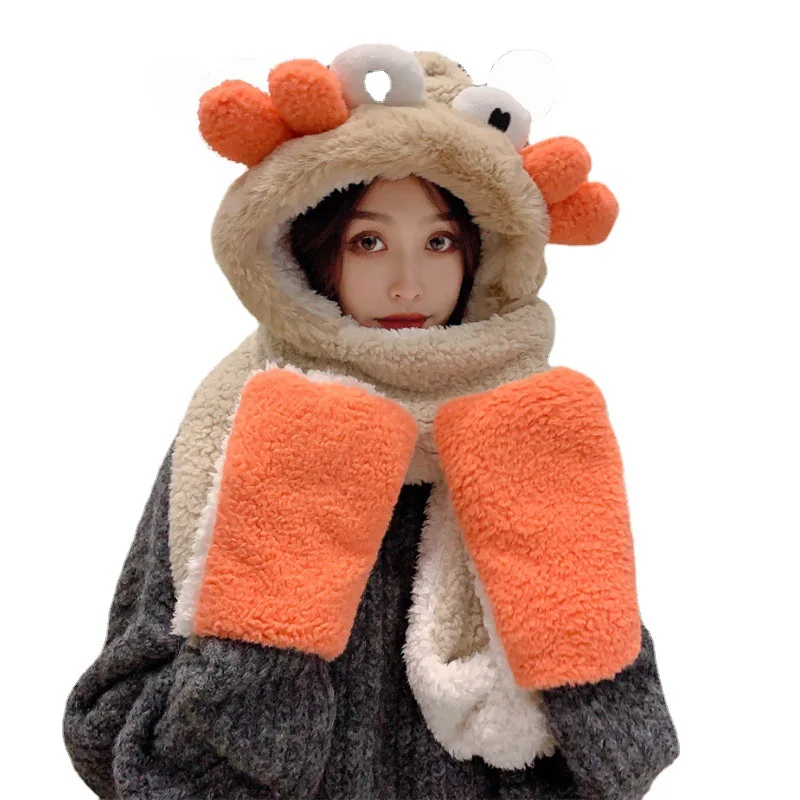 

Strawberry Crab Cartoon Hat Ladies Autumn and Winter Plush Scarf Gloves Hooded One Cute All-match To Keep Warm