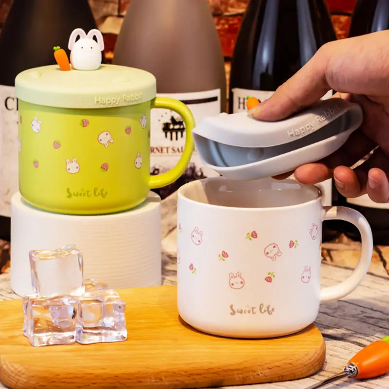 

350ML Ceramic Water Cup With Spoon Lid Student Cartoon Rabbit Mug Personality Breakfast Milk Cups Creativity Gifts
