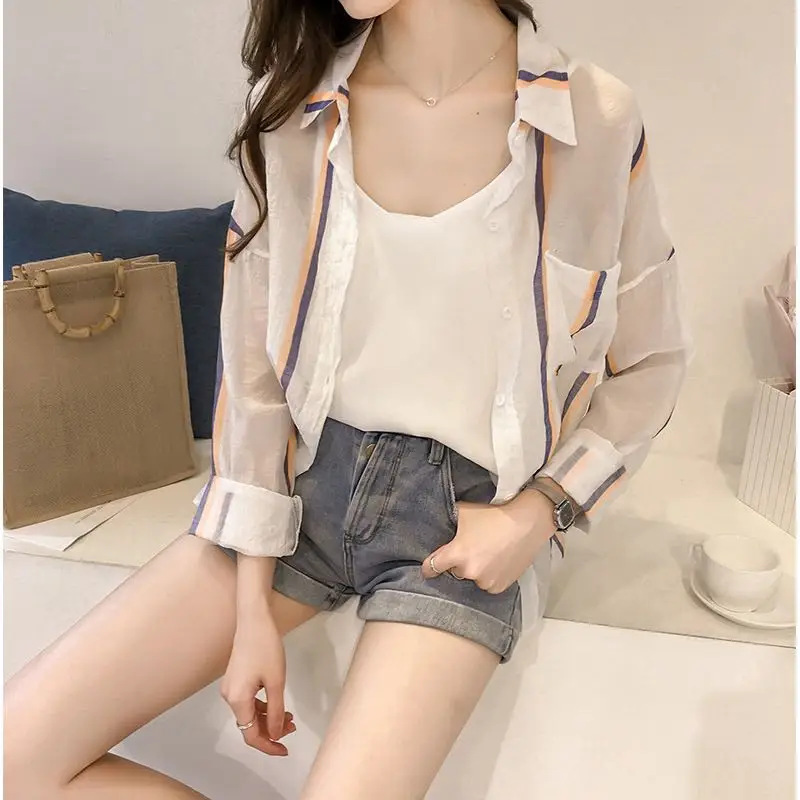 

2021 spring and summer new striped long-sleeved shirt western chiffon thin temperament fashion top women