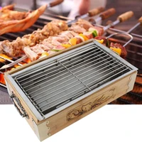 portable square barbecue grill wooden box skewers stove charcoal grill outdoor home camping barbecue grill carbon frame cookware