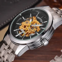 rovite simple skeleton silver case mechanical watch men automatic self wind stainless steel watches mesh band wristwatch male