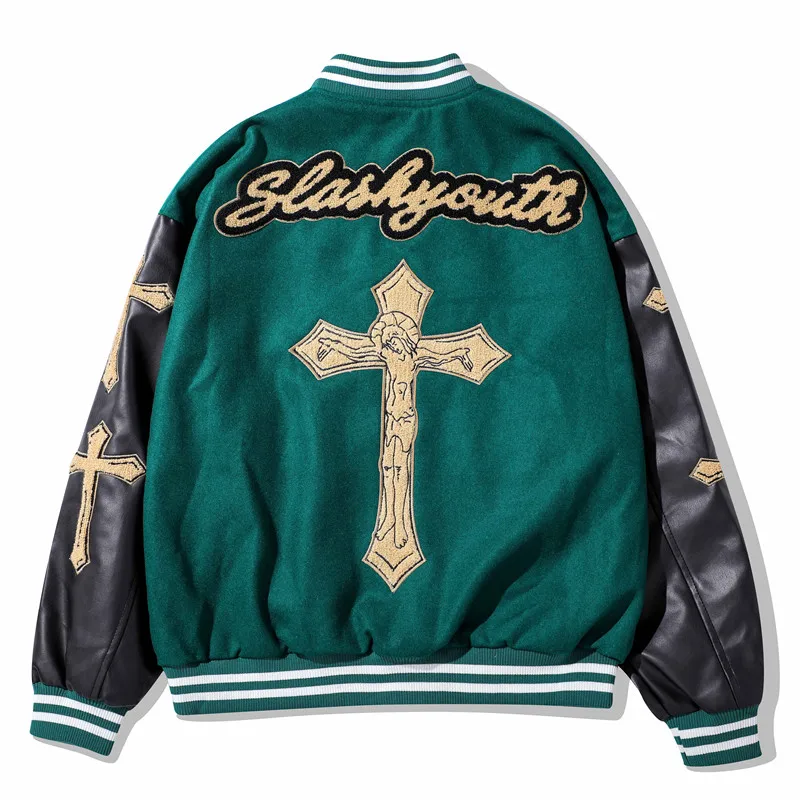 

Hip Hop Streetwear Gothic Baseball Jacket Jesus Cross Letter Embroidery Patchwork Punk Coat Harajuku Casual Oversized Jackets