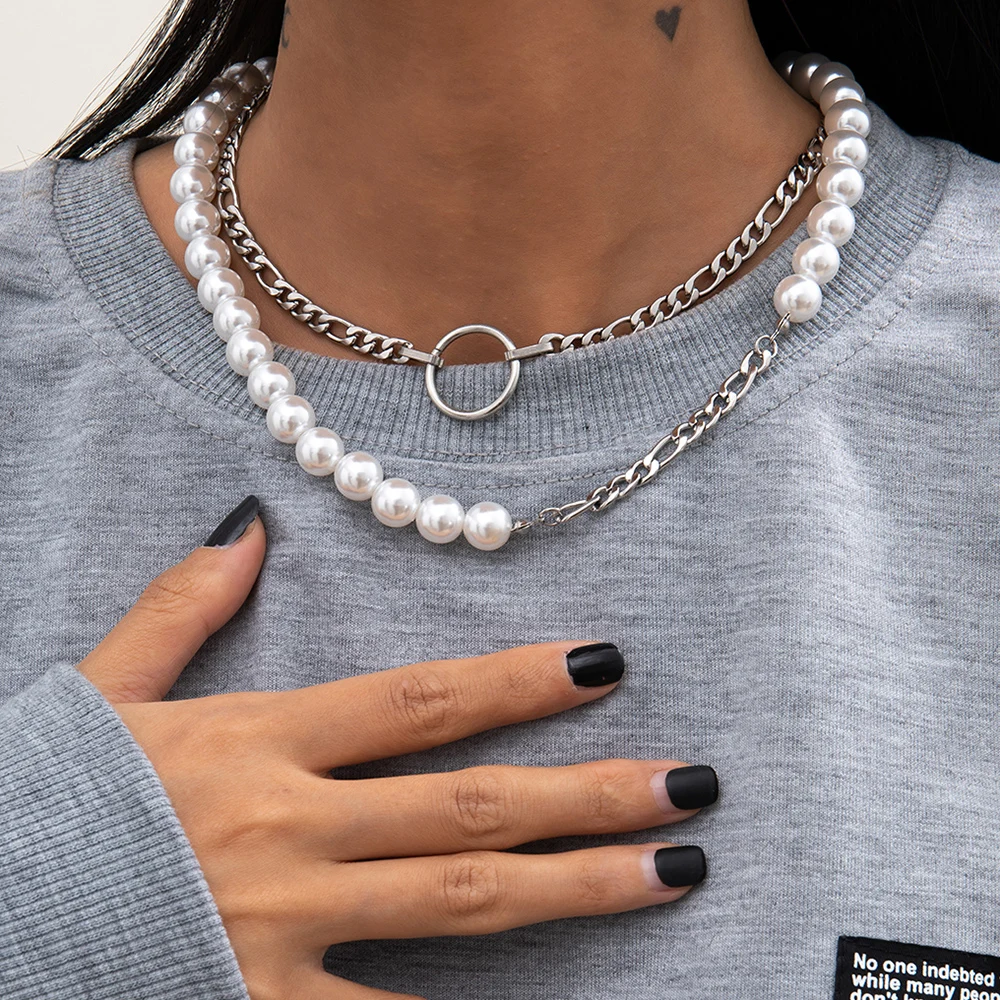 

Lacteo Exaggerated Round Circle Pendant Necklace For Women Steampunk Double Layer Asymmetry Stainless Steel Pearl Chain Necklace