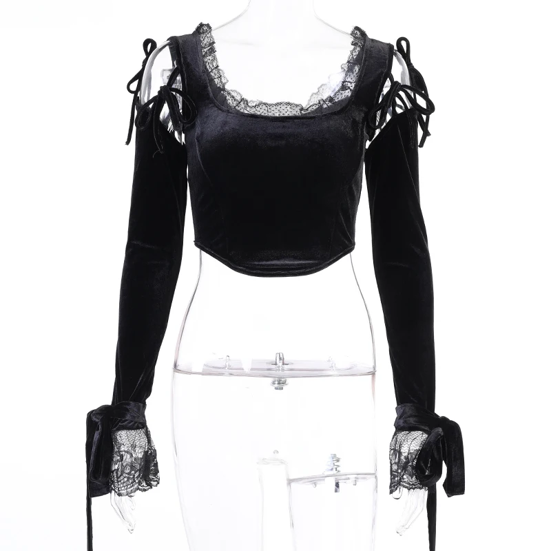 

Gothic lolita Patchwork Long Sleeve T Shirt Mall Goth Lace Black Crop Top Y2K Women Chic Aesthetic Bandage Hollow Out Tops
