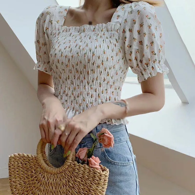 

New Arrival Summer Women's Holiday Beach wear Floral Print Square Collar Puff Sleeve Sweet Short Sleeve Shirts