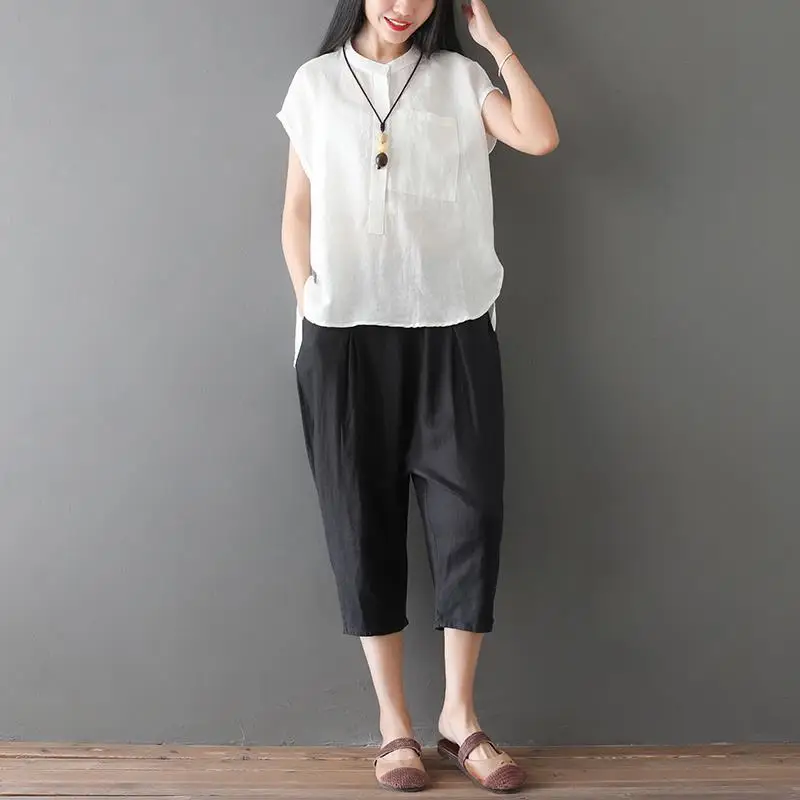 

Женский комплект из двух предметов, Свободный Топ без рукавов и брюки-султанки из хлопка и льна, лето 2021