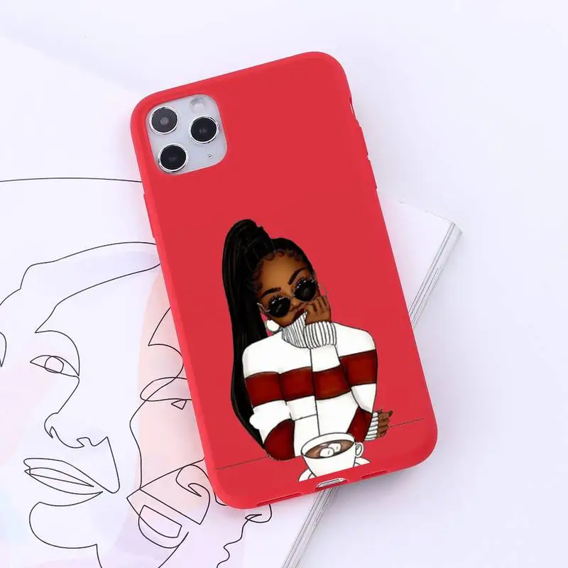 

Black braids black girl fashion cartoon Phone Case Red Candy Color for iPhone 6 7 8 11 12 s mini pro X XS XR MAX Plus