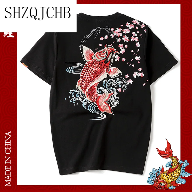 

summer 2021 new product original Chinese style Koi embroidery half sleeve men's large cotton short sleeve t-shirt men's leisure