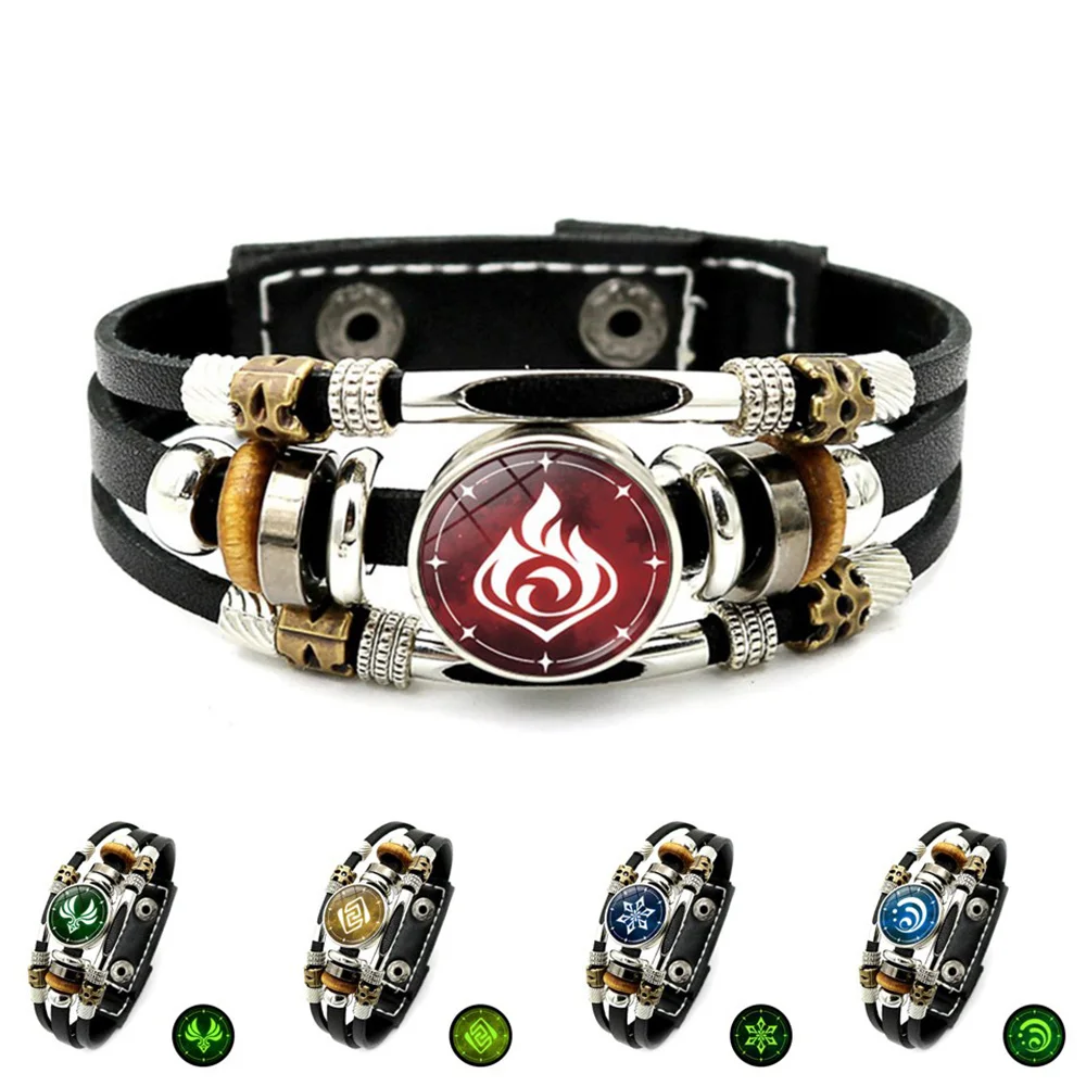 

Game Genshin Impact Bracelet for Men Jewelry Luminous 7 Element Eye of Original God Snap Button Multilayer Punk Leather Bracelet