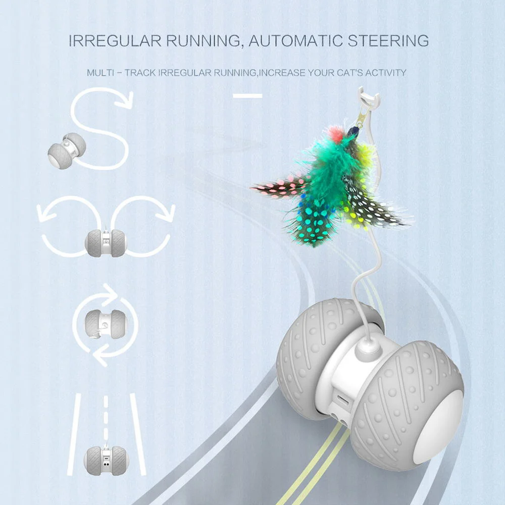 

Pet Cat Toy Automatic Cat Teaser with LED Wheels Rechargeable Flash Rolling Colorful Cat Sticker Feather Toy Electronic Cat Toys