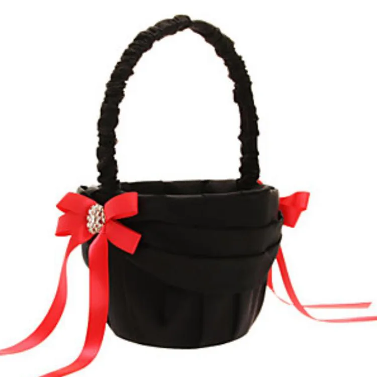 

Fashion Flower Girl Baskets Black and Red Satin Beading Bowknot Flower Basket for Wedding Party Celebration Decoration 13*22cm