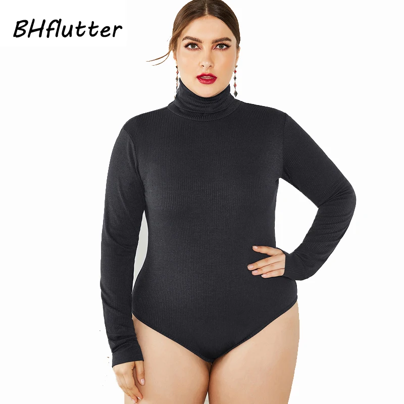 BHflutter 4XL 5XL 6XL Плюс Размер зимний комбинезон женский вязаный боди с длинным рукавом Повседневный водолазка комбинезоны