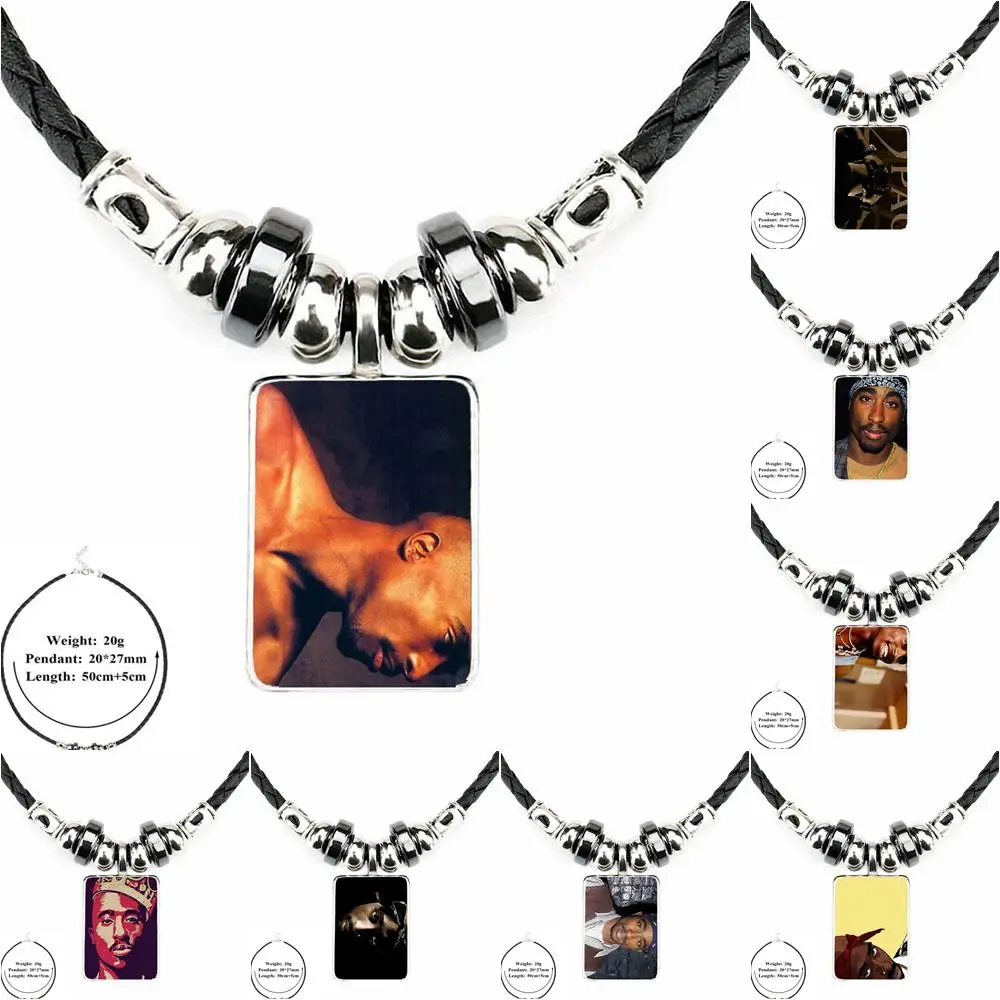 For Kids Beads Rap Singer 2pac Tupac Amaru Shakur Caes Ladies Black Leather Bead Pendant Glass Statement Handmade Maxi Necklace |