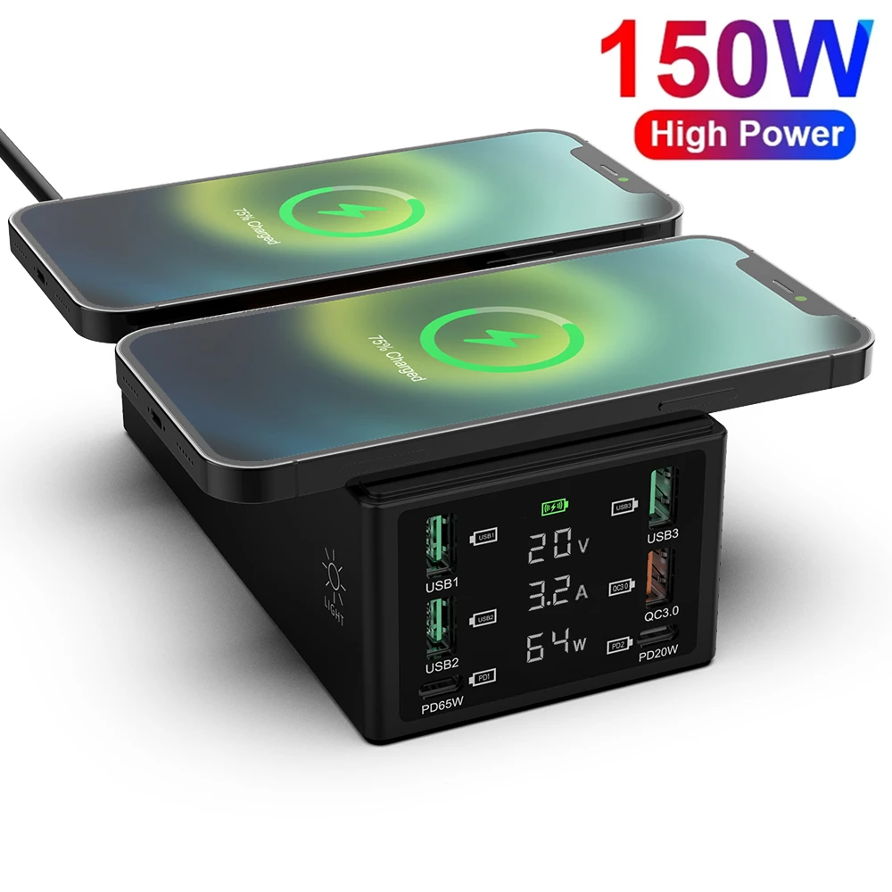 

150W USB Charger Multi 15W Qi Wireless Charger for iPhone 12 Pro Max PD 65W QC3.0 Fast Charging Dock Station for Macbook Air Pro