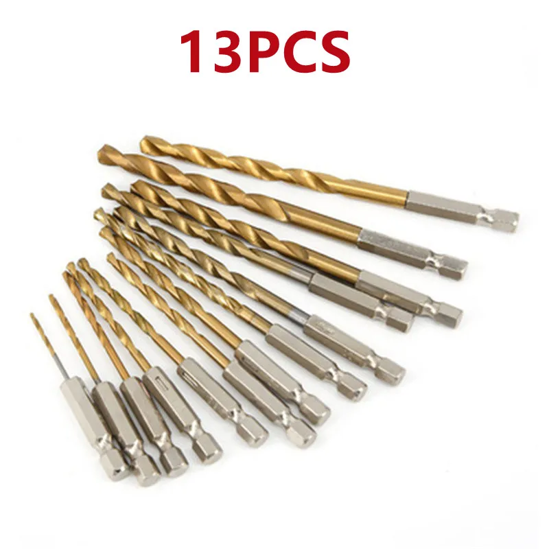 

13PCS Hexagonal Shank Twist Drill Bit High-Speed Steel Electric Drill Perforating Wood Plastic Titanium-Plated Twist Drill Set