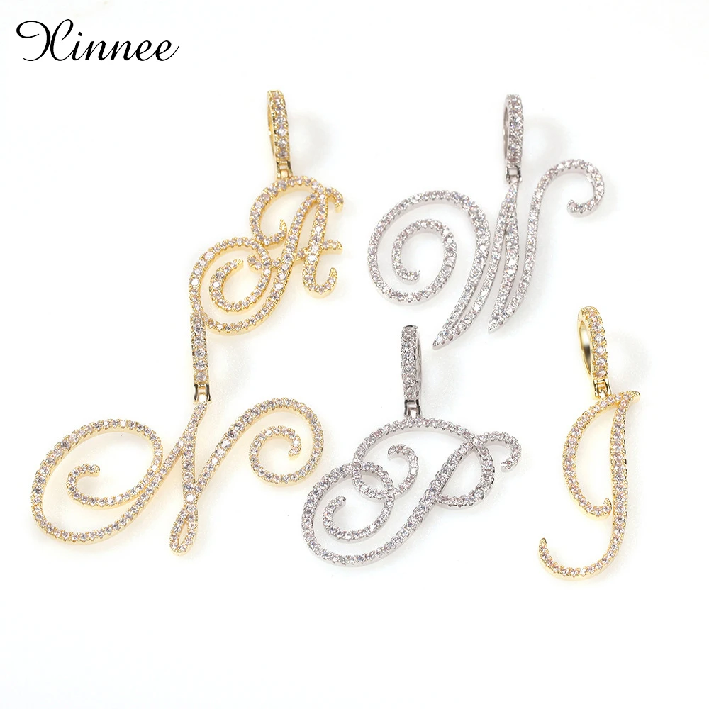 

New Hip Hop Jewelry A-Z Jumbo Script Intital Letters Pendant Nmae Necklace Iced Out Cubic Zircon Gold Silver Color Charm
