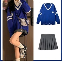 two piece set autumn and winter retro autumn sweet cool college style sweater pleated skirt two piece suit
