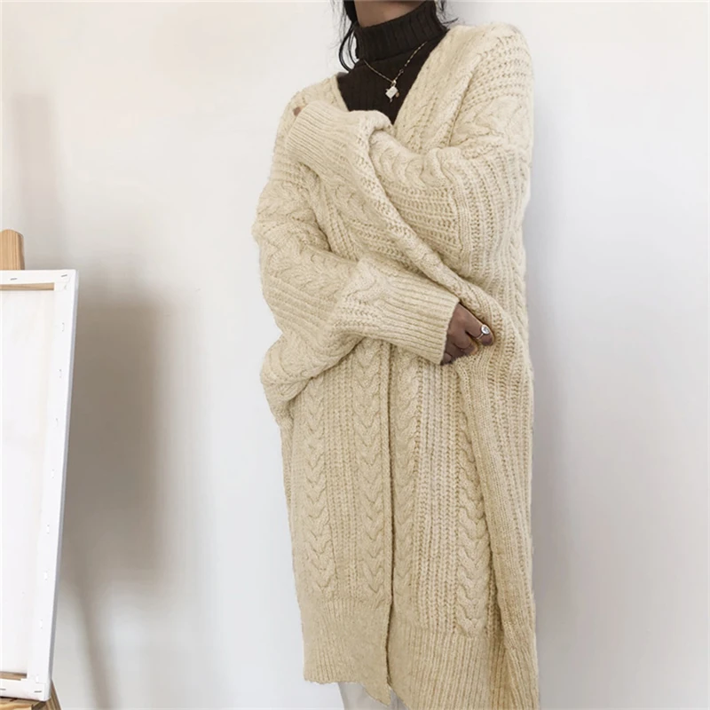 

Twist Knitted Long Oversize Sweater Cardigan Female Vintage Loose Autumn Winter Coat Batwing Sleeve Outwear Women Jersey