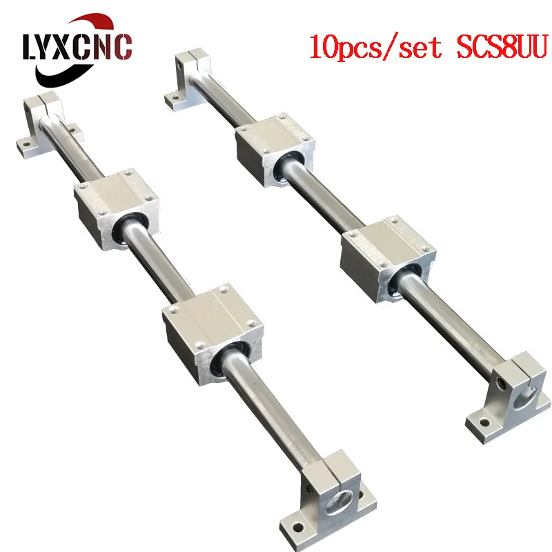 

10pcs/Set :2pcs Optical Axis Linear Rail Shaft OD 8mm 300/400/500/600mm+4pcs SCS8UU Linear Beare Blocks+4pcs SK8 Bearing Support