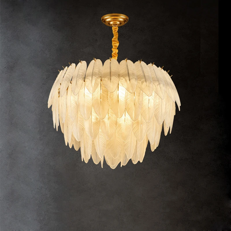 Современная светодиодная люстра из белого стекла с гусиным пером золотистая и