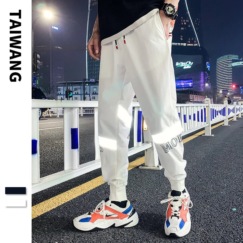 

#7607 Summer Black White Striped 3m Reflective Hip Hop Pants Mens Thin Ankle-length Pencil Harem Pants Loose Japanese Streetwear
