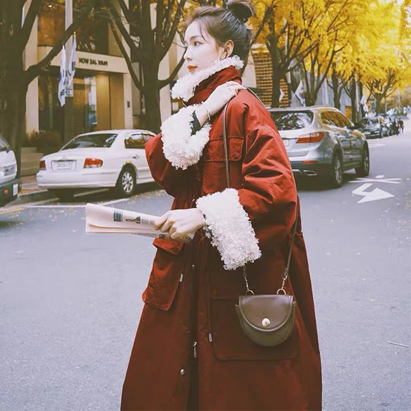 

2020 Winter Korean Style Imitation Lamb Wool Stitching Cotton-padded Jacket Mid-length Over-knee Women Loose Thickened Parka