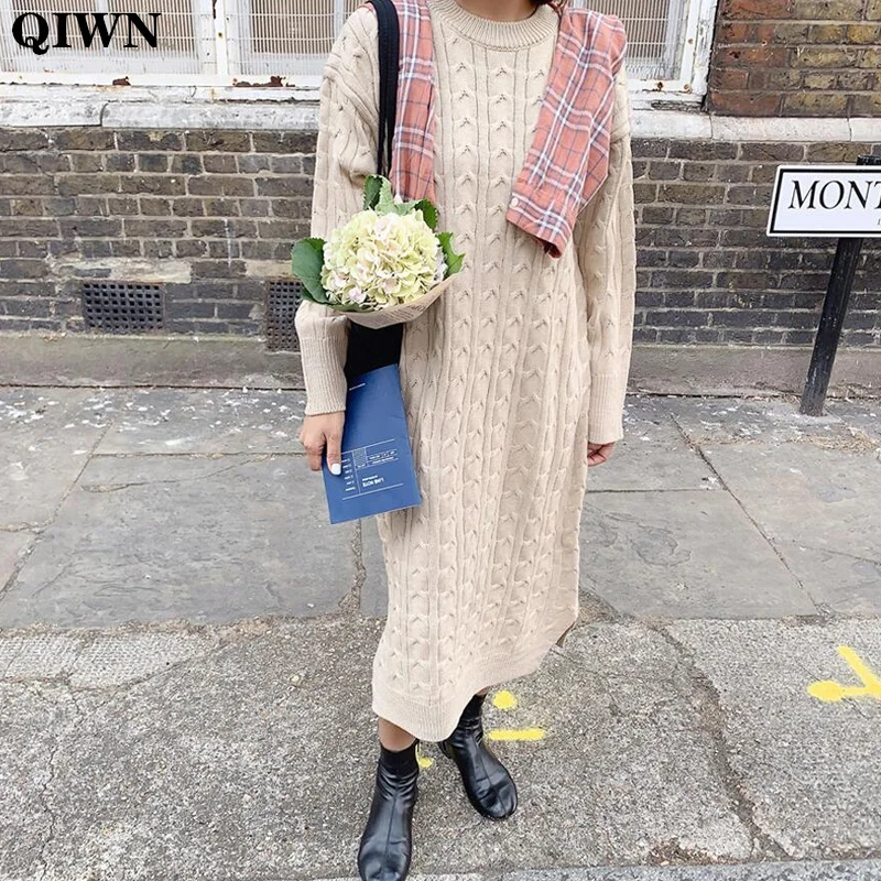 

One-Piece Pullover Midi Dress Women 2020 New Winter High Elastic Twist Knitted Dress Plus Size Woman Korean Office Sweater Dress